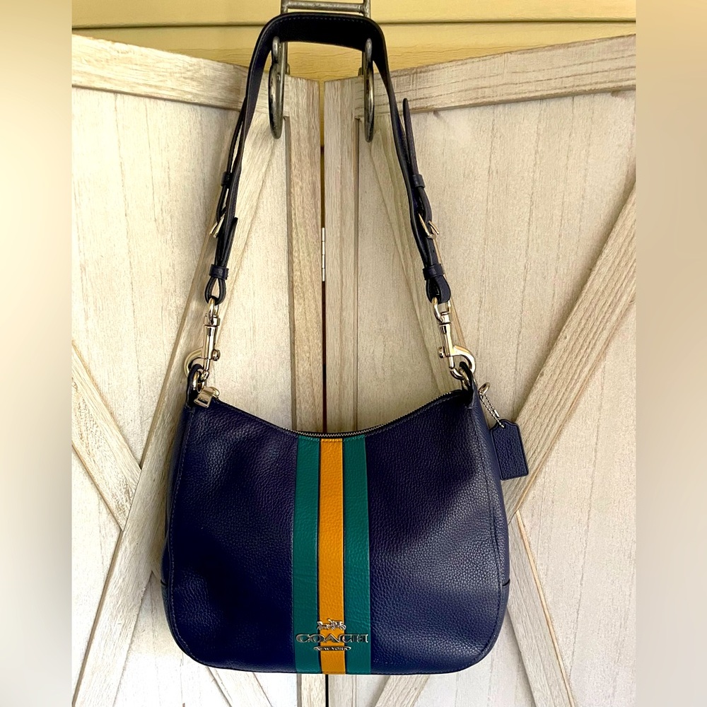 Navy Blue Coach Shoulder Bag with Yellow and Green accents